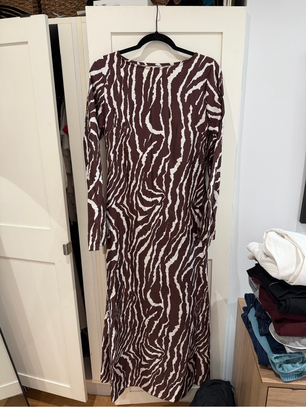 Brown and White Zebra-Print Long Sleeve Dress
